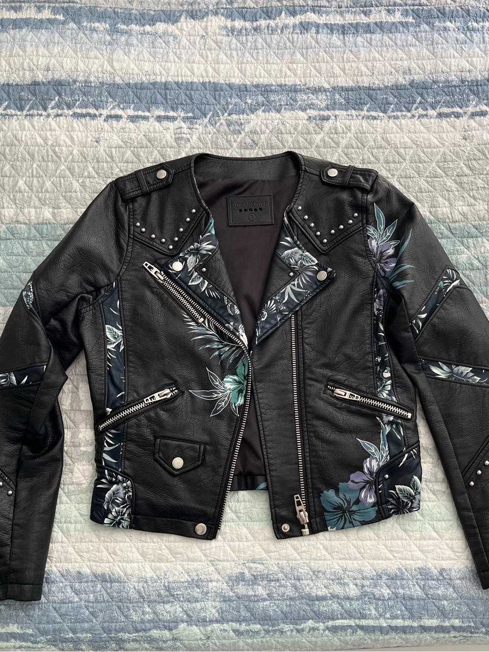 BLANK NYC Black Faux Leather Moto Jacket with Floral Trim 10082